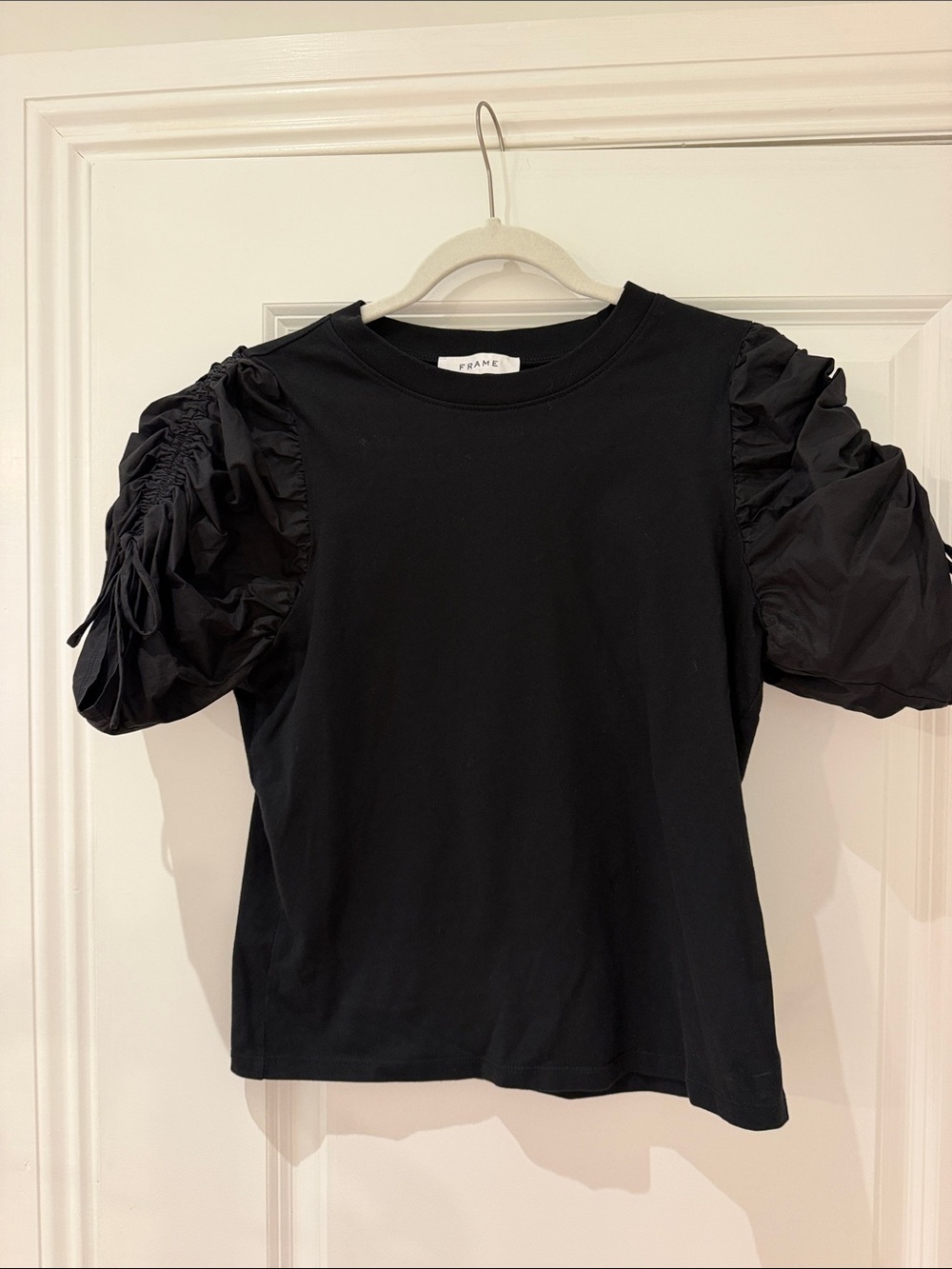 Frame Denim Black Puff Sleeve Tee with Ruched Shoulders